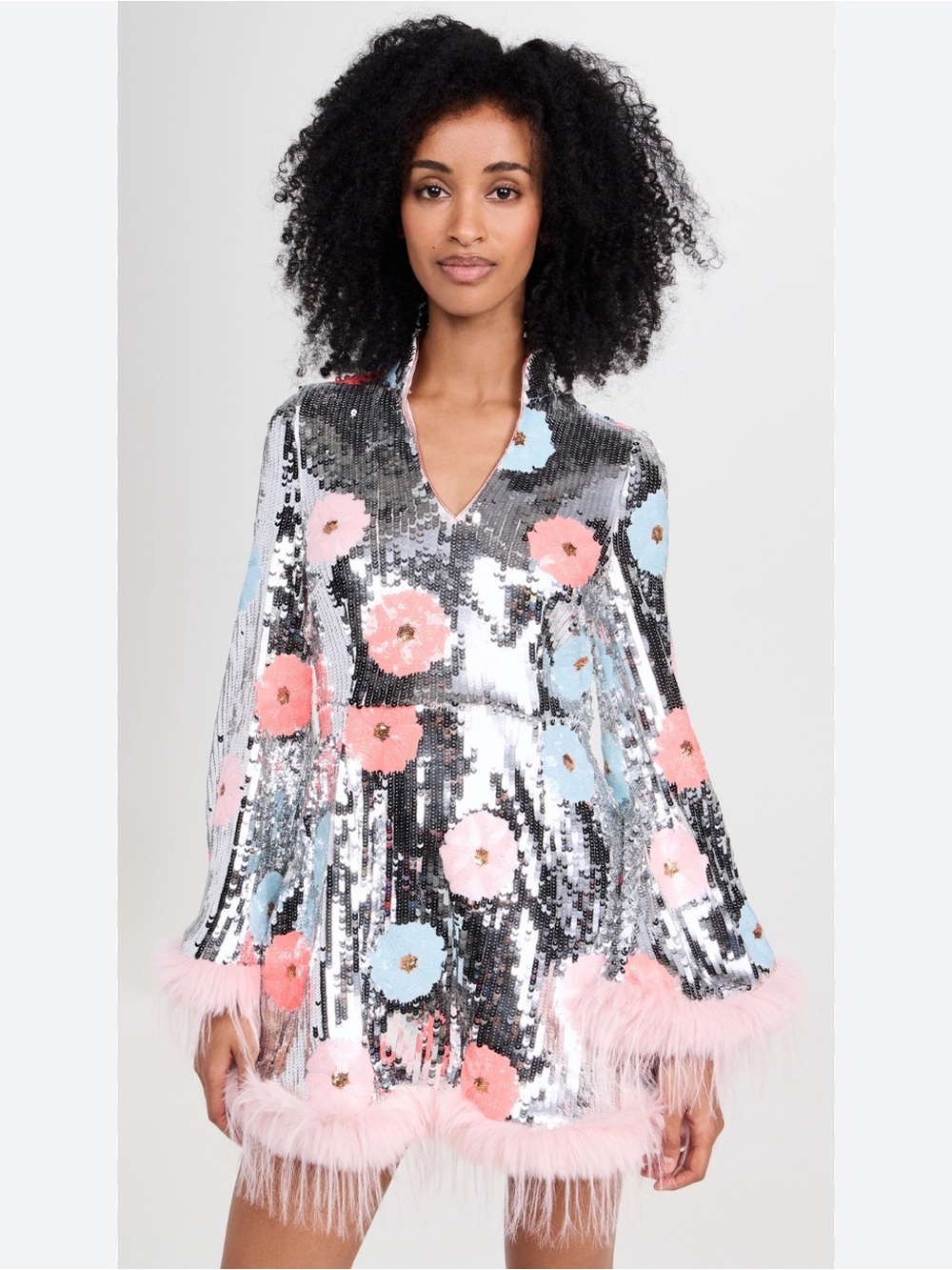 CeliaB Sequin Floral Mini Dress with Pink Feather Trim